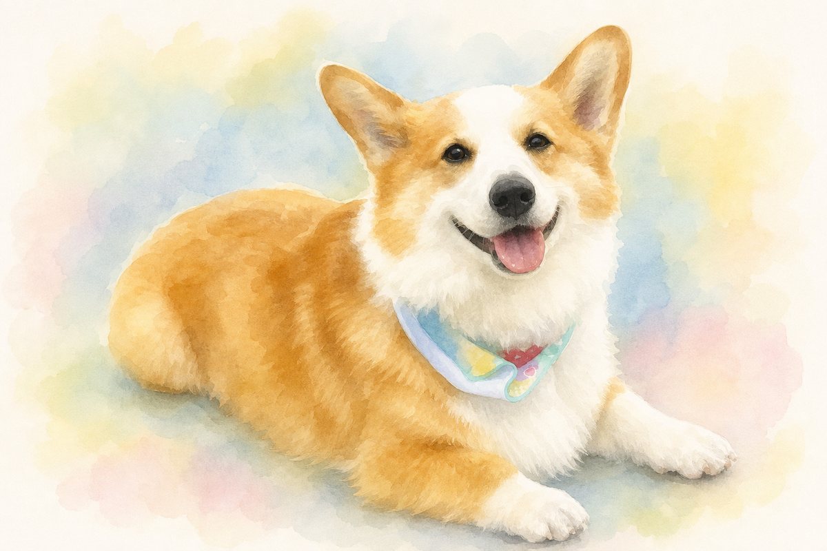 水彩風で描いたコーギーのイラスト