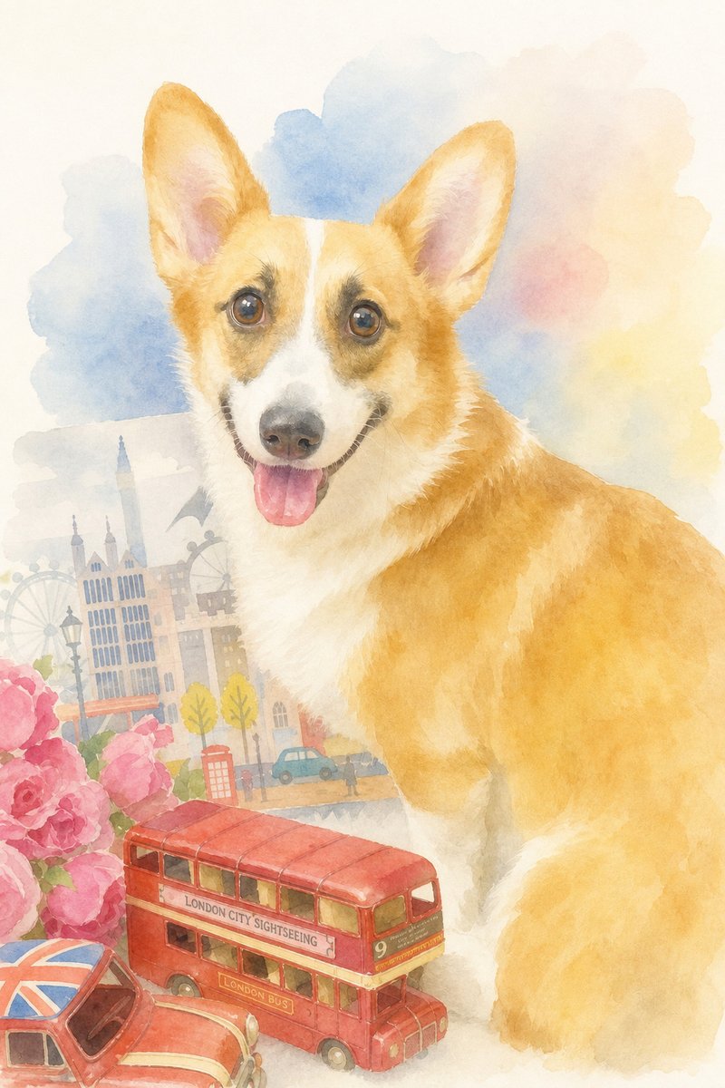 コーギーの水彩風イラスト作例9