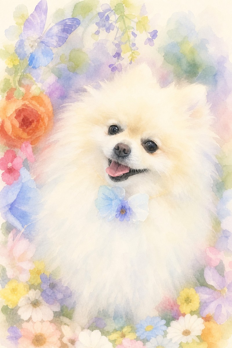 ポメラニアンの水彩風イラスト作例3