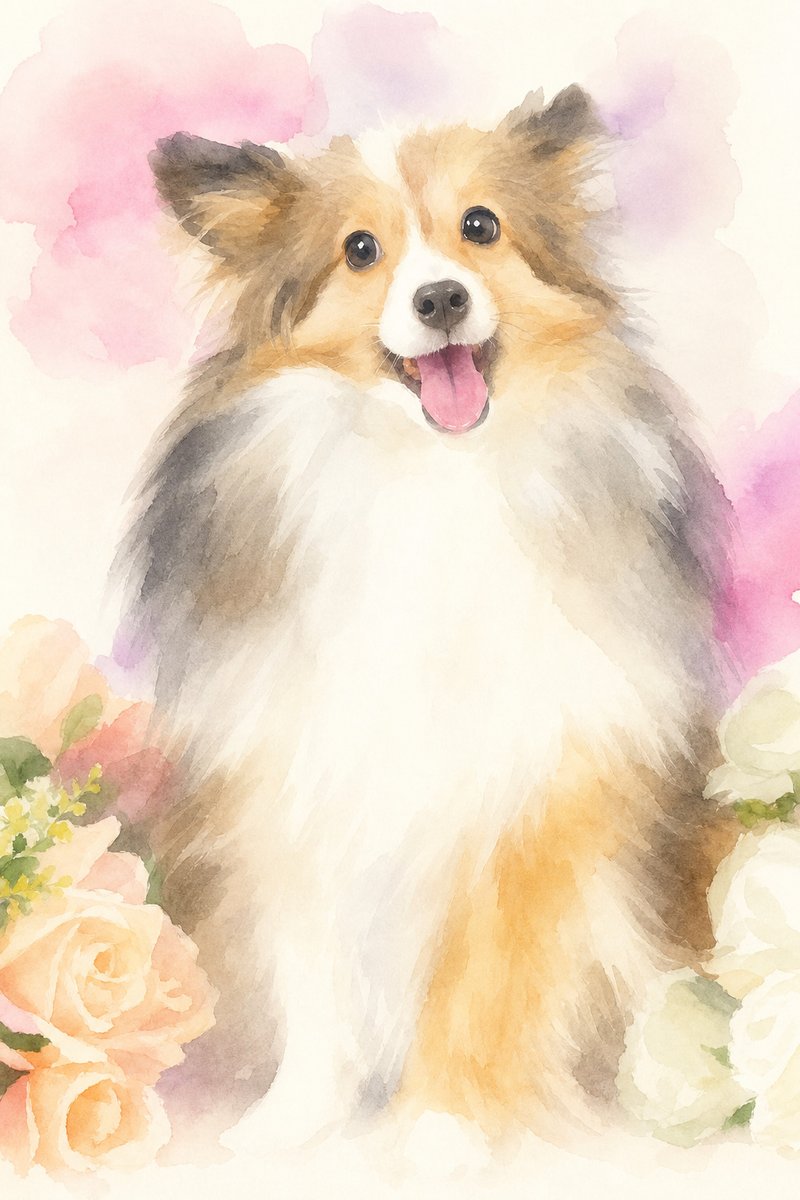 シェルティの水彩風イラスト作例1