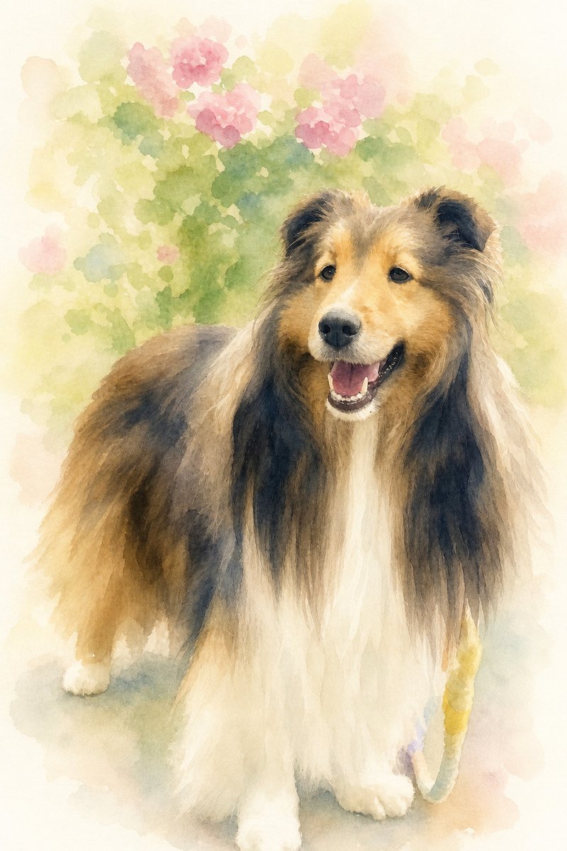 シェルティの水彩風イラスト作例3