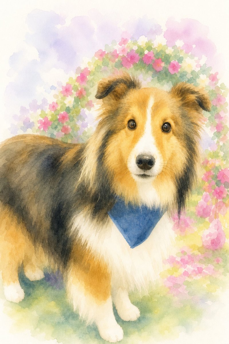 シェルティの水彩風イラスト作例6